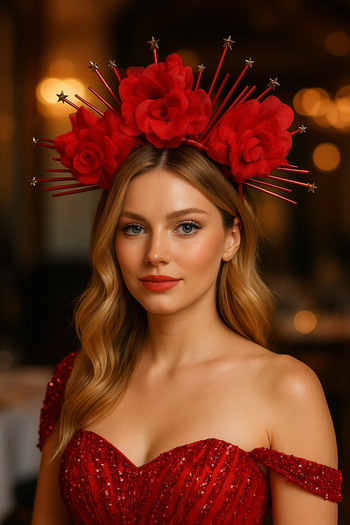 TAKIŞTIR Red Color Flower Detailed Bridal/Henna Design Crown