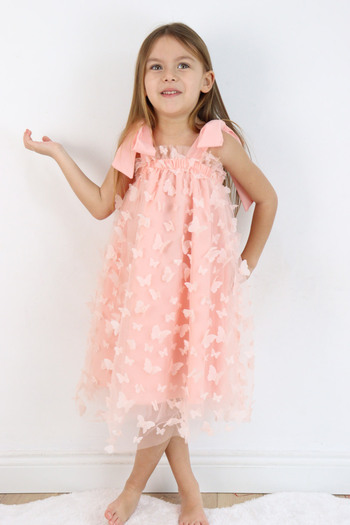 Le Mabelle Salmon Shoulder Tie Butterfly Applique Girl's Dress - Nikki