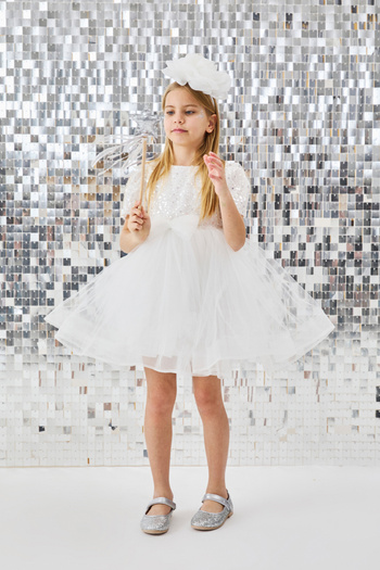 Le Mabelle White Beaded Sequin Girl's Dress - Gloria