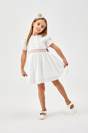 Le Mabelle Ecru Short Sleeve Girl's Dress with Pearls on the Front - Rena