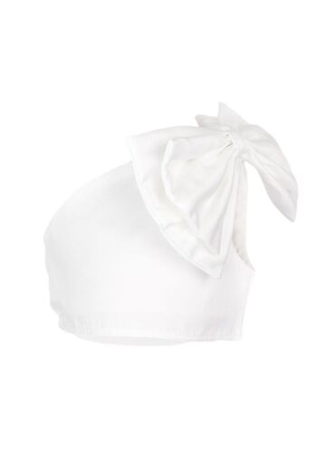 Le Mabelle One-Shoulder White Crop Top - Girl with Bow Detail