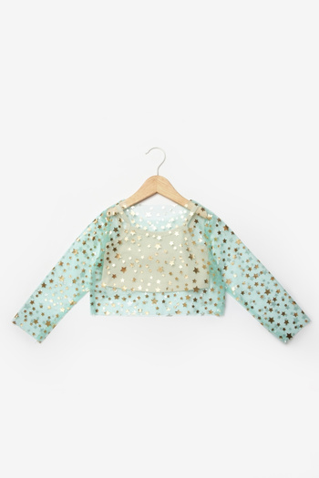 Le Mabelle Mint Starry Long Sleeve Girl's Crop Tulle