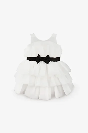 Le Mabelle Ecru Front Bow Layered Girl's Dress - Laney