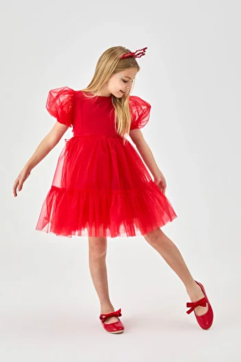 Le Mabelle Girl's Tulle Dress with Red Skirt and Belt - Casey
