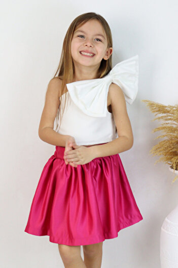 Le Mabelle Fuchsia One-Shoulder Bow Detailed Skirt Crop Girl's Double Set - Luisa