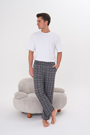 Pijamasoft Pamuklu Cepli Ekose Baskılı Beli Lastikli Şık Ve Rahat Erkek Pijama Altı Gri 05