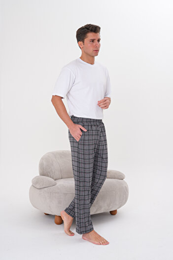 Pijamasoft Pamuklu Cepli Ekose Baskılı Beli Lastikli Şık Ve Rahat Erkek Pijama Altı Gri 05