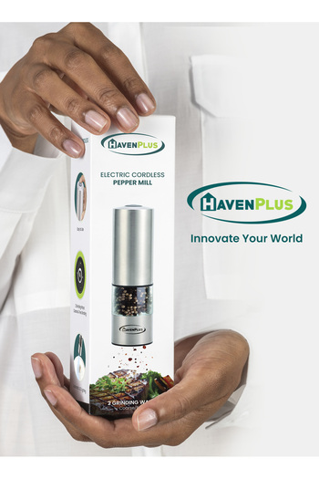 HavenPlus Electric Cordless Pepper Mill – Stainless Steel, One-Touch Grinding with LED Light