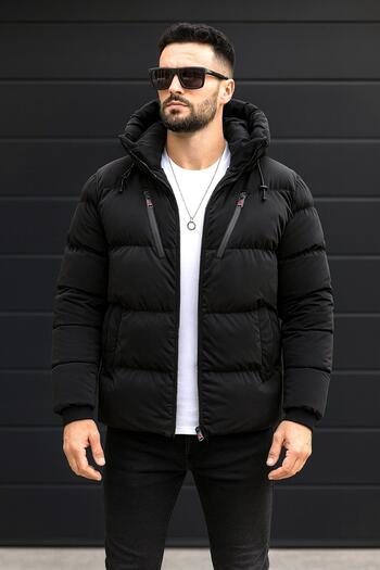 Delpino Pánský Slim Fit Puffer Carbon Leather Coat s kapucí