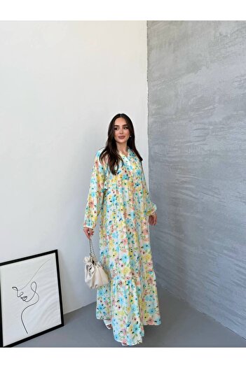 PREMİER VİE Testture Berra Pattern Summer Lilyum Fabric V-Neck Dress