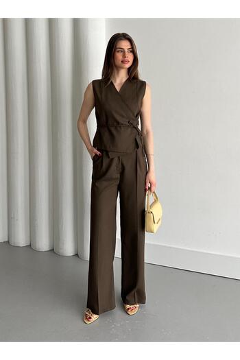Laluvia Brown Double Breasted Collar Vest Trousers Set - 8496