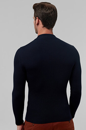 Twn Slim Fit Lacivert Rib Örgü Yünlü Kazak
