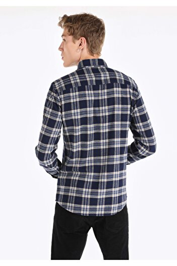 Colin's Slim Fit πουκάμισο με λαιμόκοψη καρό ανδρικό μακρυμάνικο πουκάμισο μπλε ναυτικό
