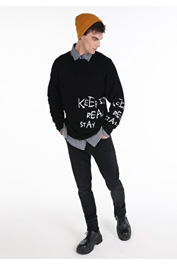Colin's Regular Fit Bisiklet Yaka Yazı Baskılı Siyah Erkek Kazak