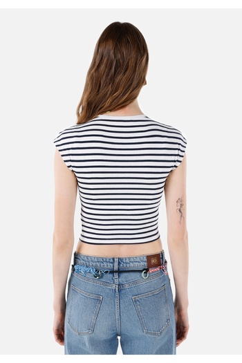 Colin's Slim Fit Round Neck Knitted Striped Women's Navy Blue Short Sleeve T-Shirt