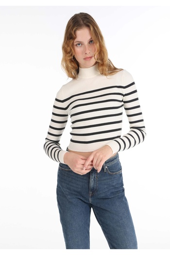 Colin's Slim Fit Half Turtleneck Striped Women's White Sweater