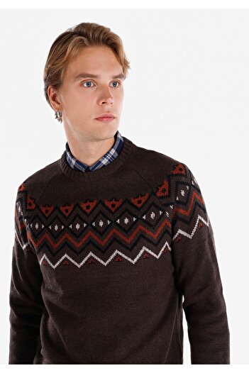 Colin's Regular Fit Yuvarlak Yaka Jakarlı Erkek Kahverengi Kazak