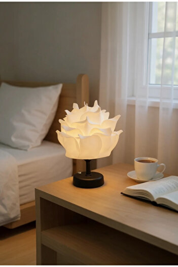 PearlHome White Eva Rose Design Wireless Table Lamp – Black, Decorative Led Lampshade