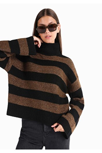Colin's Regular Fit Half Turtleneck Striped Women's Brown Sweater