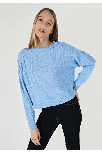 Colin's Regular Fit Round Neck Jacquard Women's Blue Sweater