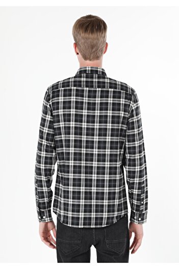 Colin's Slim Fit πουκάμισο με λαιμόκοψη καρό ανδρικό μαύρο μακρυμάνικο πουκάμισο