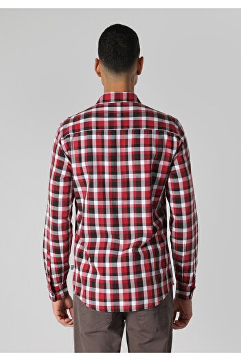 Colin's Slim Fit Shirt Neck Plaid Men's Red Long Sleeve Shirt