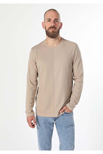 Colin's Regular Fit Round Neck Jacquard Men's Beige Long Sleeve T-Shirt