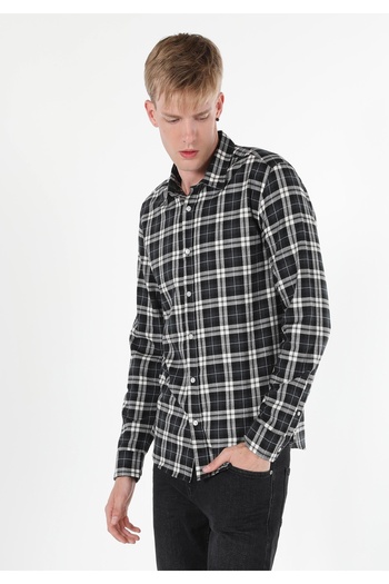 Colin's Slim Fit πουκάμισο με λαιμόκοψη καρό ανδρικό μαύρο μακρυμάνικο πουκάμισο