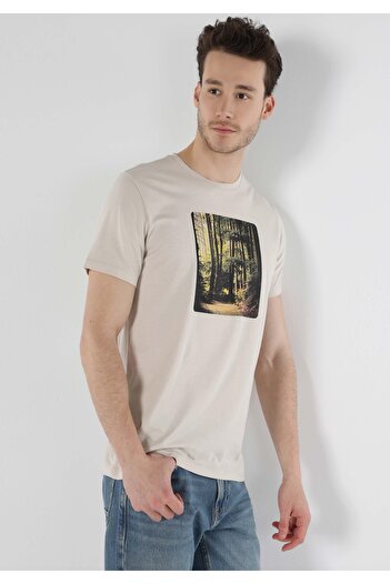 Colin's Regular Fit Yuvarlak Yaka Baskılı Erkek Bej Kısa Kol Tişört