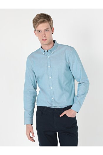 Colin's Slim Fit πουκάμισο με λαιμόκοψη Απλό ανδρικό πράσινο μακρυμάνικο πουκάμισο