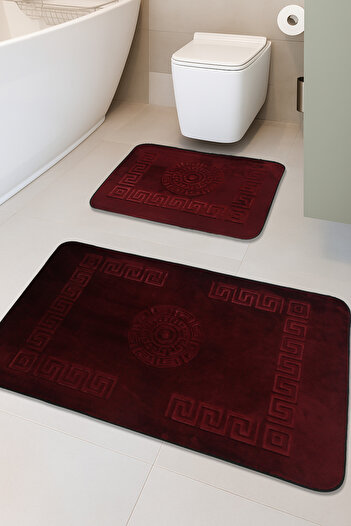 FeelHome Simav Deluxe Rabbit Hair, Non-Slip Base, Soft, Absorbent 2-Piece Luxury Printed Bath Mat Red