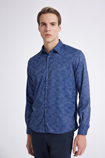 Twn Slim Fit İndigo Baskılı Gömlek