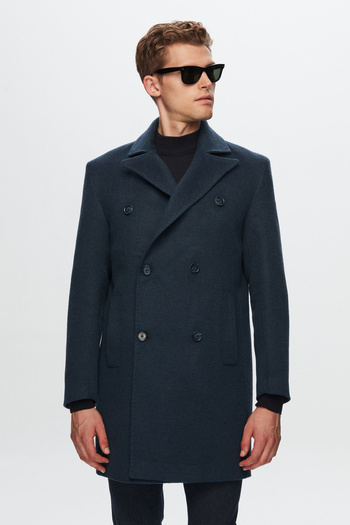 D'S Damat Ds Damat Regular Fit Petrol Plain Wool Double Breasted Stamp Coat
