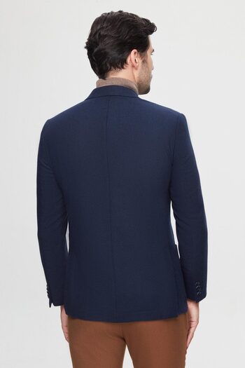 D'S Damat Ds Damat Regular Fit Lacivert Armürlü Çift Yırtmaçlı Yünlü Blazer Kumaş Ceket