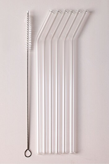Perotti 6-Piece Transparent Glass Beveled Borosilicate Straws - Heat Resistant, Cleaning Brush Included