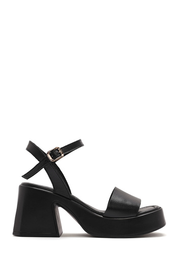 Derimod Women's Black Ankle Buckle Thick Heeled Platform Leather Sandals 25Sfd131318