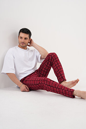 Arvin Unisex βαμβακερή τσέπη καρό με στάμπα με ελαστική μέση πιτζάμα κάτω Claret Red 08