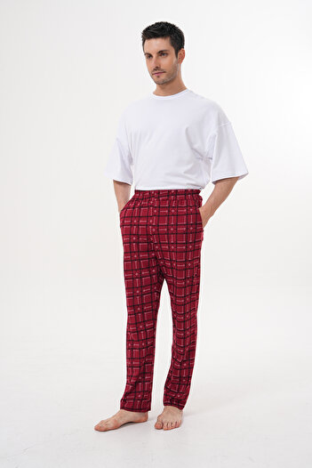 Arvin Unisex Pamuklu Cepli Ekose Baskılı Beli Lastikli Pijama Altı Bordo 08