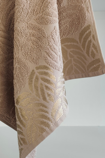 Sevim 2-Piece Jacquard Leaf Patterned 100% Cotton Hand Face Towel-50X90Cm-Cappuccino