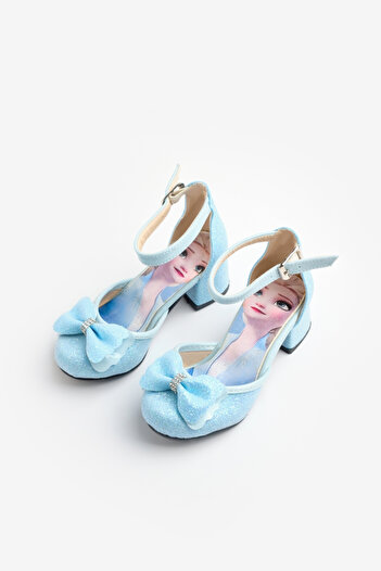 Le Mabelle Elsa Girl's Blue Heeled Shoes - Glitter and Bow Detail