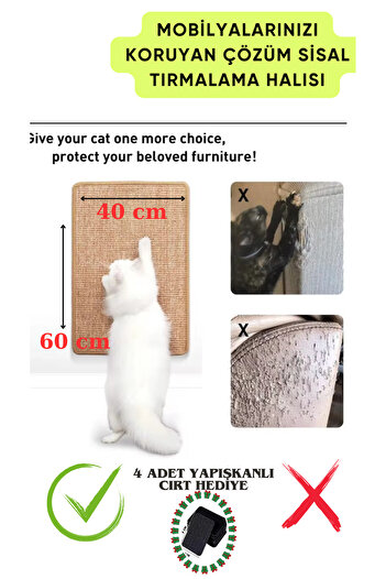 AKTURK HOME Natural Sisal Cat Scratching Mat 60X40 cm Cat Grassed Screen Floor Furniture Compatible Versatile Use