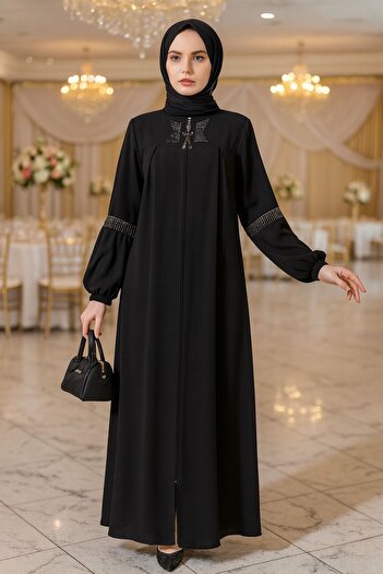 Neva Style Zippered Black Hijab Abaya 45299S