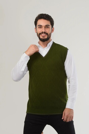 Kamalı Khaki Men's Sweater - V-Neck, Hair Knit Pattern, Knitwear Knit, Non-Pilling Regular Fit
