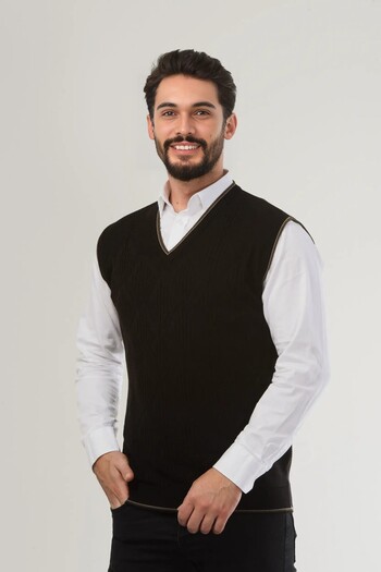 Kamalı Men's V-Neck Black Knitwear Sweater - Non-Pilling, Hair Knit Pattern, Regular Fit