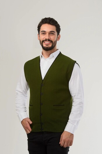 Kamalı Khaki Men's V-Neck Knitwear Buttoned Pocket Line Patterned Regular Fit Non-Pilling Knitted Vest