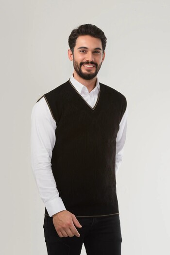 Kamalı Men's V-Neck Black Knitwear Sweater - Non-Pilling, Hair Knit Pattern, Regular Fit