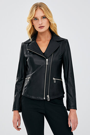 Derimod Stefania Kadın Siyah Biker Deri Ceket 19WGD5193U4