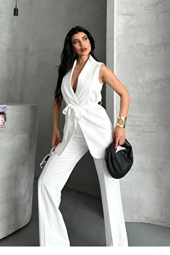 spirituel Women's Double Bottom Top Set Stylish Belted Pocket Detailed Vest Pants Set