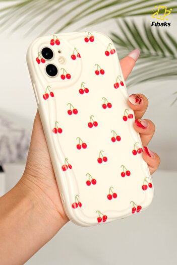 Fibaks Apple iPhone 11 Compatible Case Camera Protected Wave Edge Cherry Pattern Soft Silicone Cover