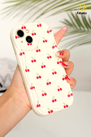 Fibaks Apple iPhone 13 Compatible Case Camera Protected Wave Edge Cherry Pattern Soft Silicone Cover